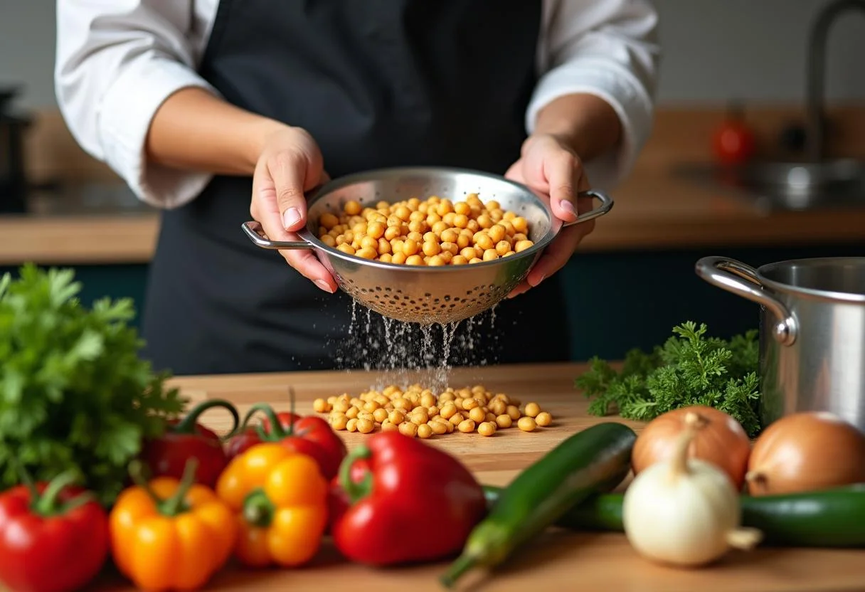 Fresh ingredients for Captain Jack Sparrow Johnny Depp's Caribbean Chickpea Curry, with chickpeas, tomatoes, and bell peppers arranged in a kitchen.