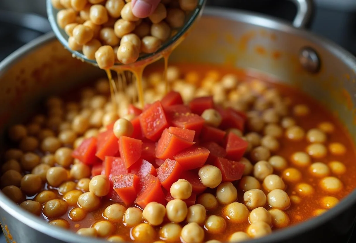 Adding chickpeas and tomatoes to prepare Captain Jack Sparrow Johnny Depp's Caribbean Chickpea Curry, showcasing the rich textures of the ingredients.