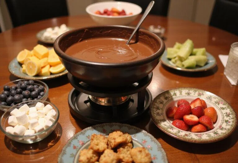 A stunning dessert spread with chocolate fondue, surrounded by colorful dippables, inspired by Charlie and the Chocolate Factory Augustus Gloop's Chocolate River Fondue, perfect for any gathering.