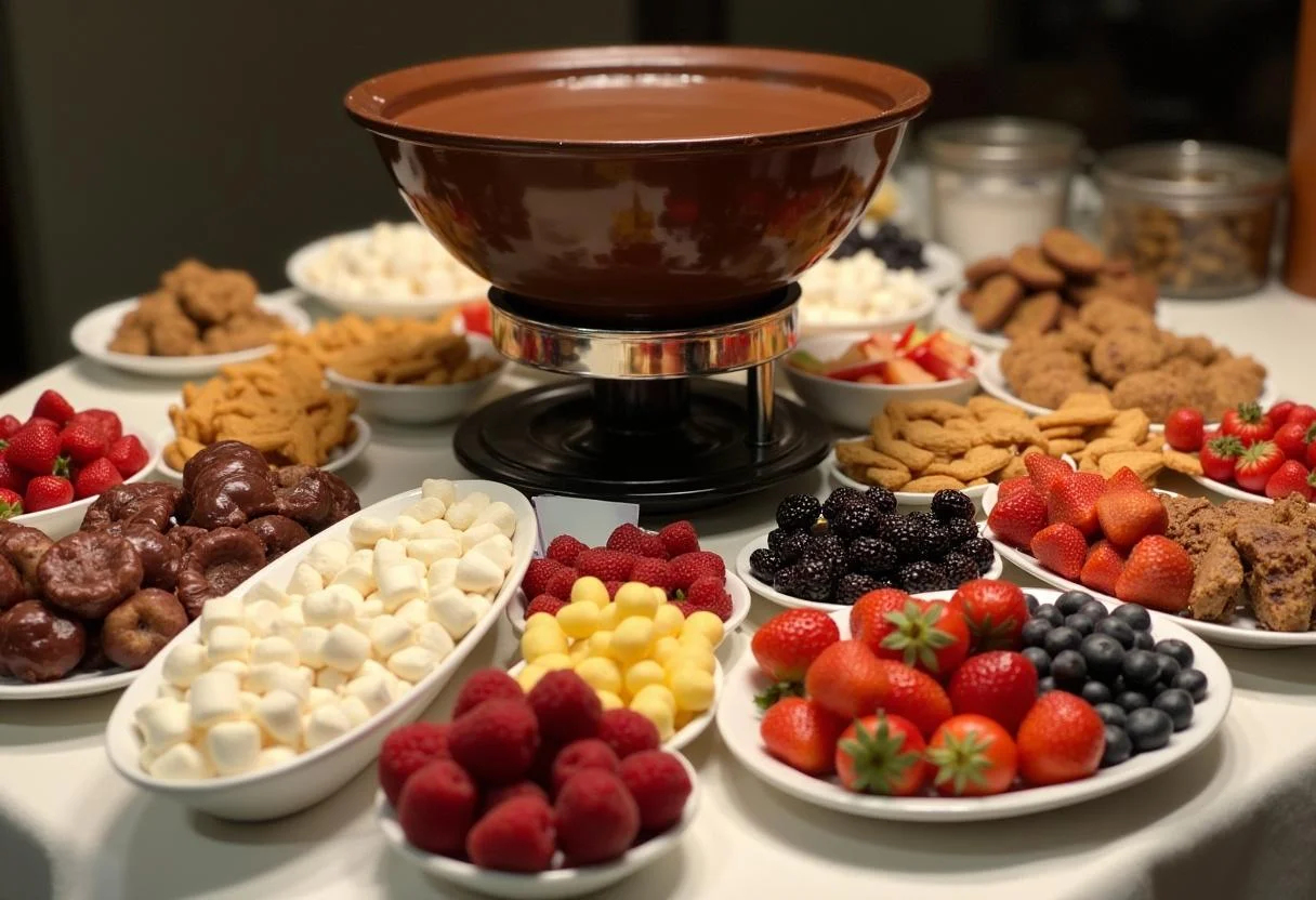 A stunning dessert spread with chocolate fondue, surrounded by colorful dippables, inspired by Charlie and the Chocolate Factory Augustus Gloop's Chocolate River Fondue, perfect for any gathering.