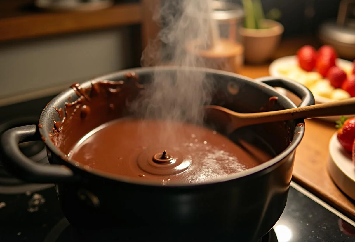 Melted chocolate fondue in a pot, inspired by Charlie and the Chocolate Factory Augustus Gloop's Chocolate River Fondue, perfect for dipping fruits and sweets.