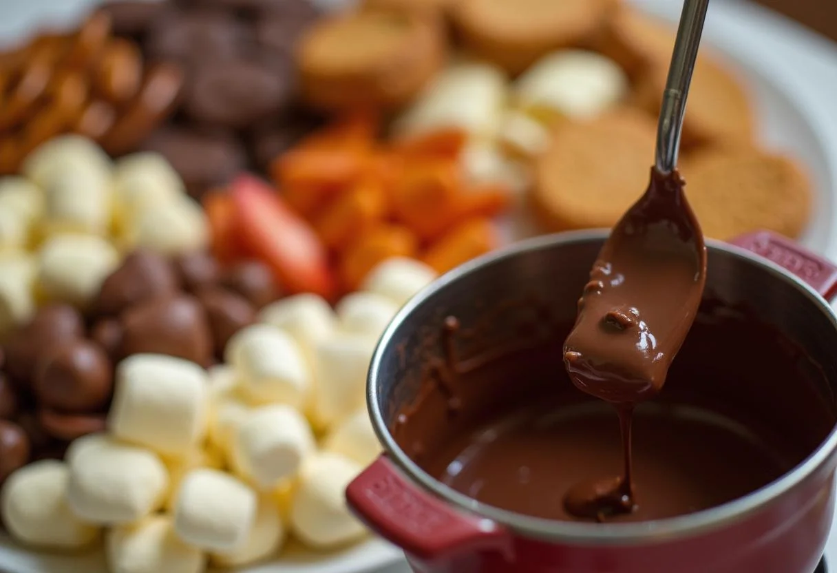 Delicious dippable treats for chocolate fondue, featuring sweet fruits and sweets, inspired by Augustus Gloop's Chocolate River Fondue from Charlie and the Chocolate Factory.
