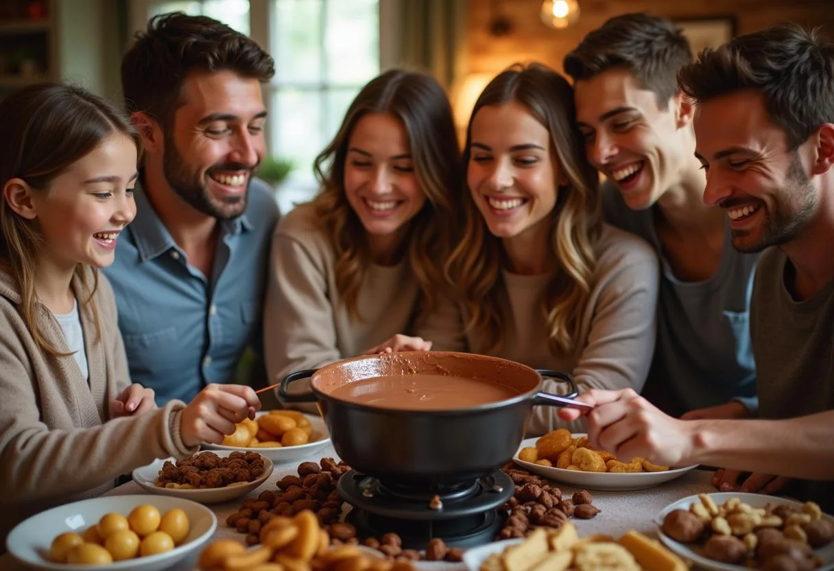 Family fun and laughter around a chocolate fondue pot, inspired by Charlie and the Chocolate Factory Augustus Gloop's Chocolate River Fondue, showcasing joy and togetherness.