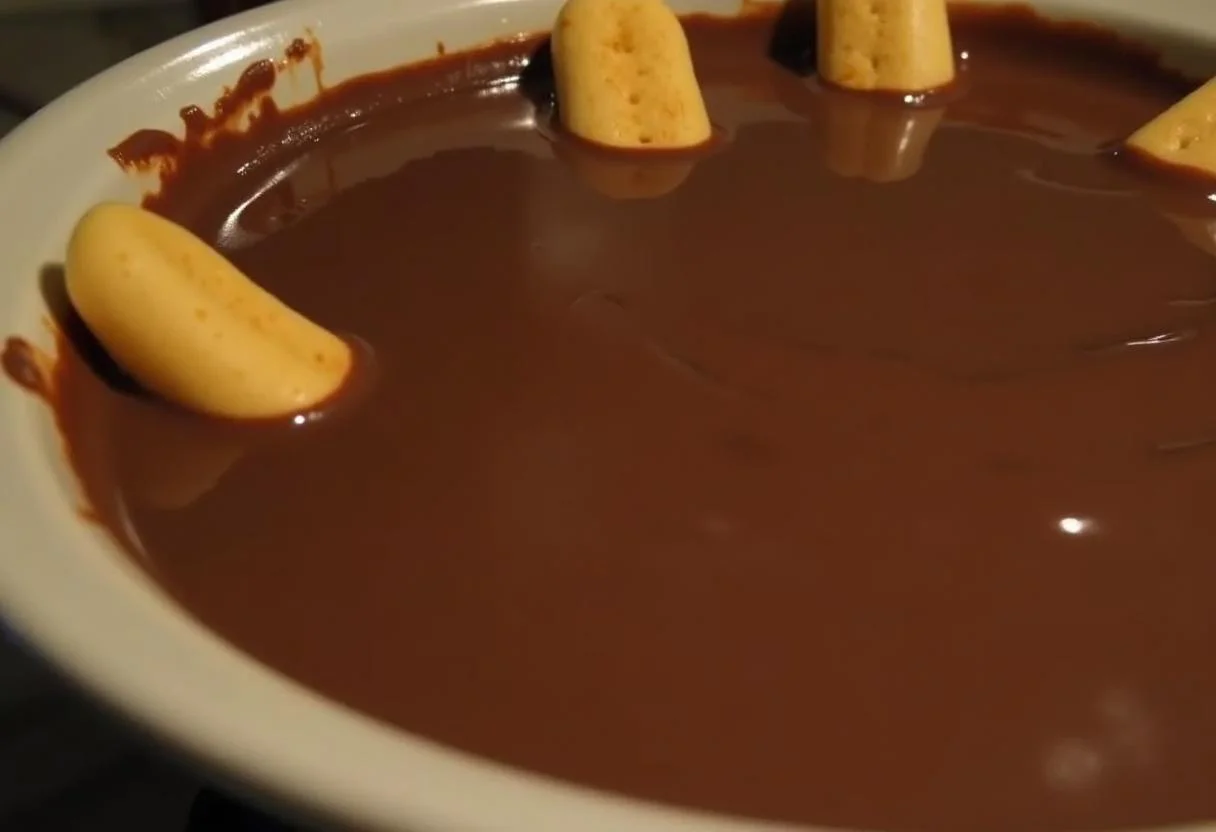 A tempting close-up of chocolate fondue with an array of dippable items, capturing the essence of Augustus Gloop's Chocolate River Fondue from Charlie and the Chocolate Factory.