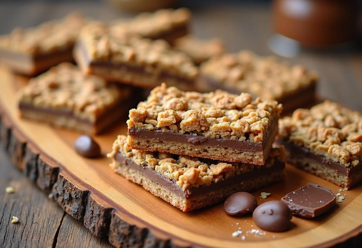 Final display of delicious homemade Charlie and the Chocolate Factory Golden Ticket Granola Bars on a wooden board.