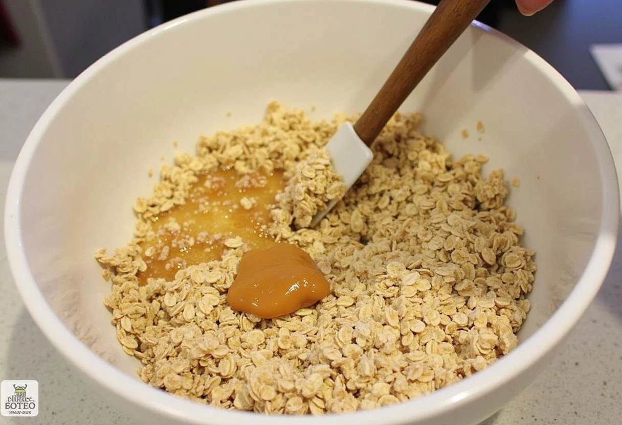 Mixing oats, honey, and peanut butter to create sticky base for Charlie and the Chocolate Factory Golden Ticket Granola Bars.