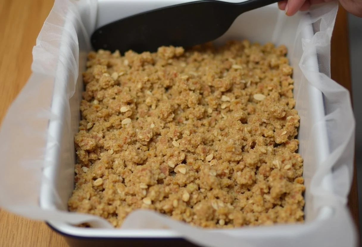 Pressing and leveling the mixture into a baking dish for the perfect texture of Charlie and the Chocolate Factory Golden Ticket Granola Bars.