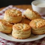 A plate of golden brown Grandpa Joe's Bedtime Biscuits from Charlie and the Chocolate Factory, ready to be enjoyed with a warm cup of milk.