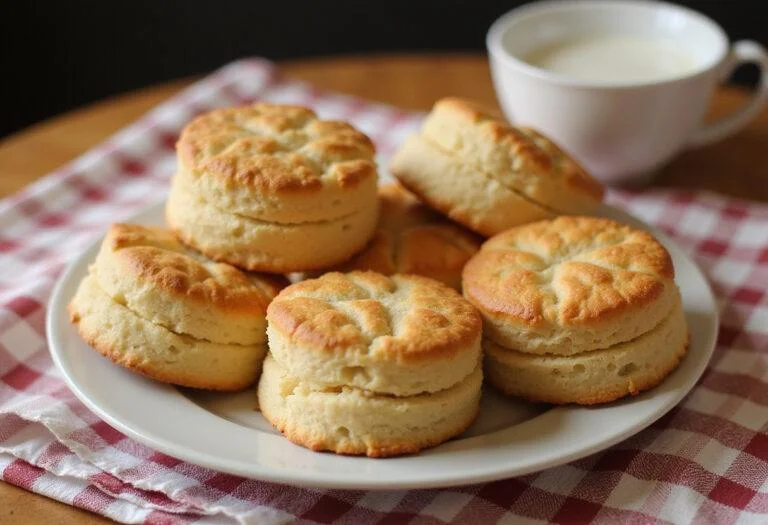 A plate of golden brown Grandpa Joe's Bedtime Biscuits from Charlie and the Chocolate Factory, ready to be enjoyed with a warm cup of milk.
