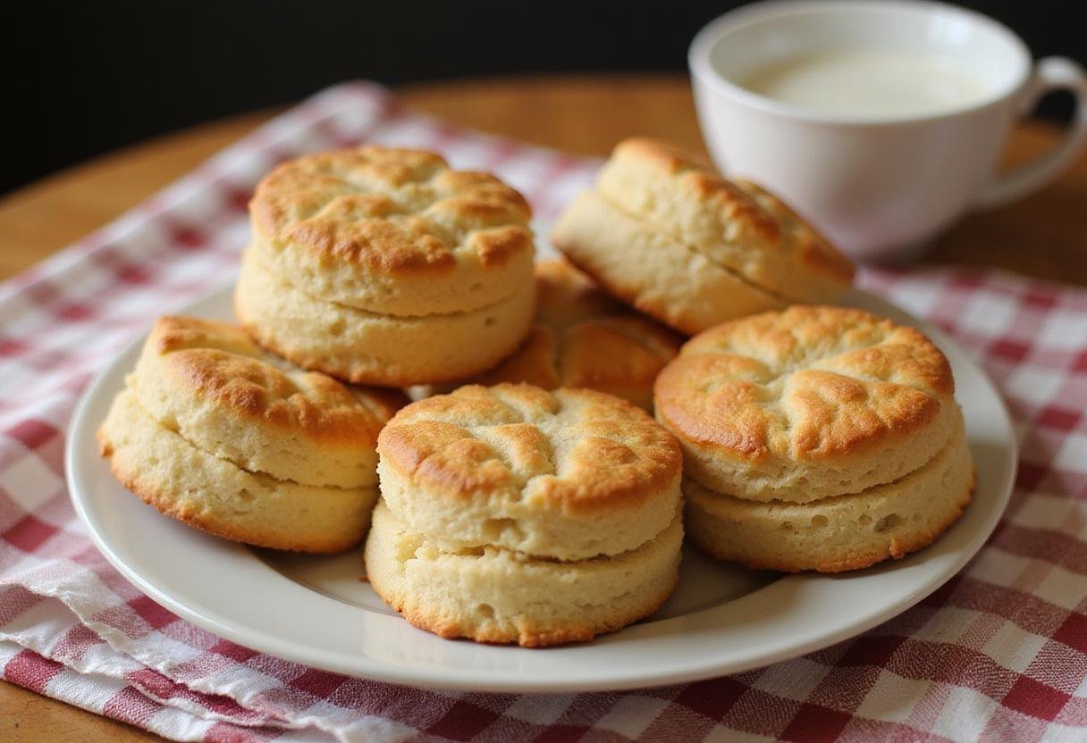 A plate of golden brown Grandpa Joe's Bedtime Biscuits from Charlie and the Chocolate Factory, ready to be enjoyed with a warm cup of milk.