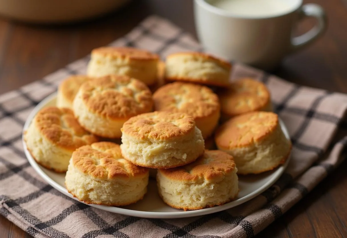 A plate of golden brown Grandpa Joe's Bedtime Biscuits from Charlie and the Chocolate Factory, ready to be enjoyed with a warm cup of milk.