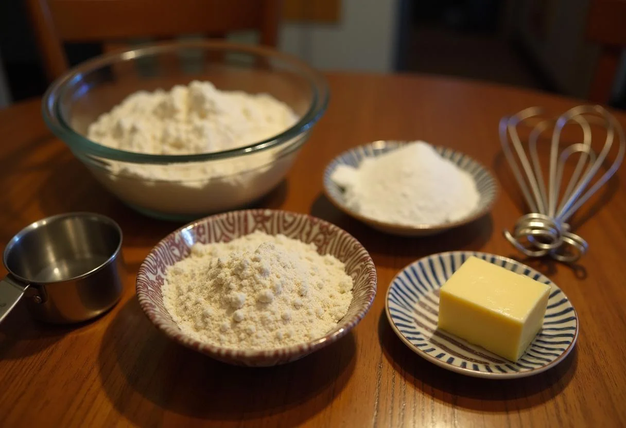 Ingredients for Charlie and the Chocolate Factory Grandpa Joe's Bedtime Biscuits laid out on a wooden kitchen table, including flour, sugar, and butter.