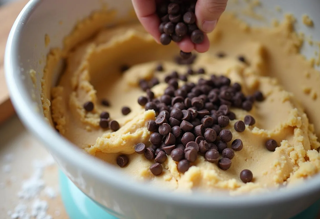 Chocolate chips being added to the dough for Grandpa Joe's Bedtime Biscuits inspired by Charlie and the Chocolate Factory.