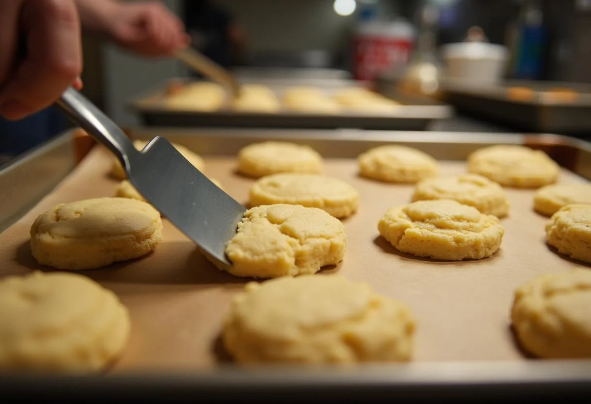 Scooping biscuit dough onto baking trays in the cozy kitchen, preparing to bake Grandpa Joe's Bedtime Biscuits from Charlie and the Chocolate Factory.