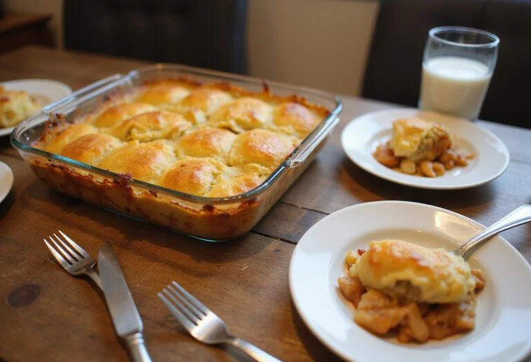 Final presentation of Mike Teavee's Television Dinner Casserole from Charlie and the Chocolate Factory, served warm on a dining table ready to be enjoyed.