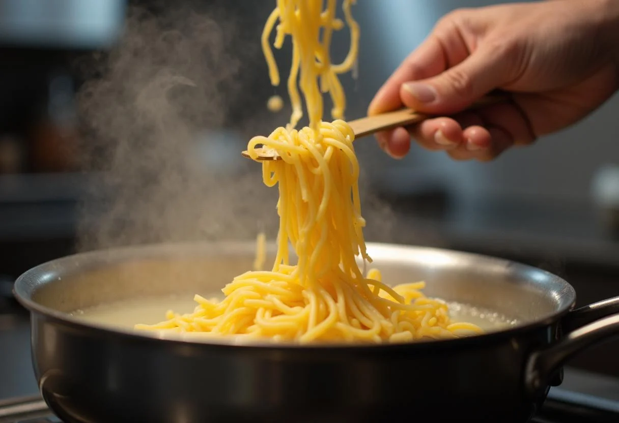 Boiling water with macaroni being added, showcasing the cooking process of Mike Teavee's Television Dinner Casserole from Charlie and the Chocolate Factory.