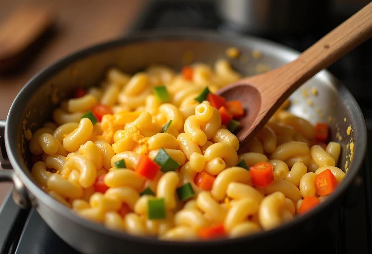 Mixing cooked macaroni with melted cheese and vegetables for Mike Teavee's Television Dinner Casserole, highlighting the preparation stage from Charlie and the Chocolate Factory.