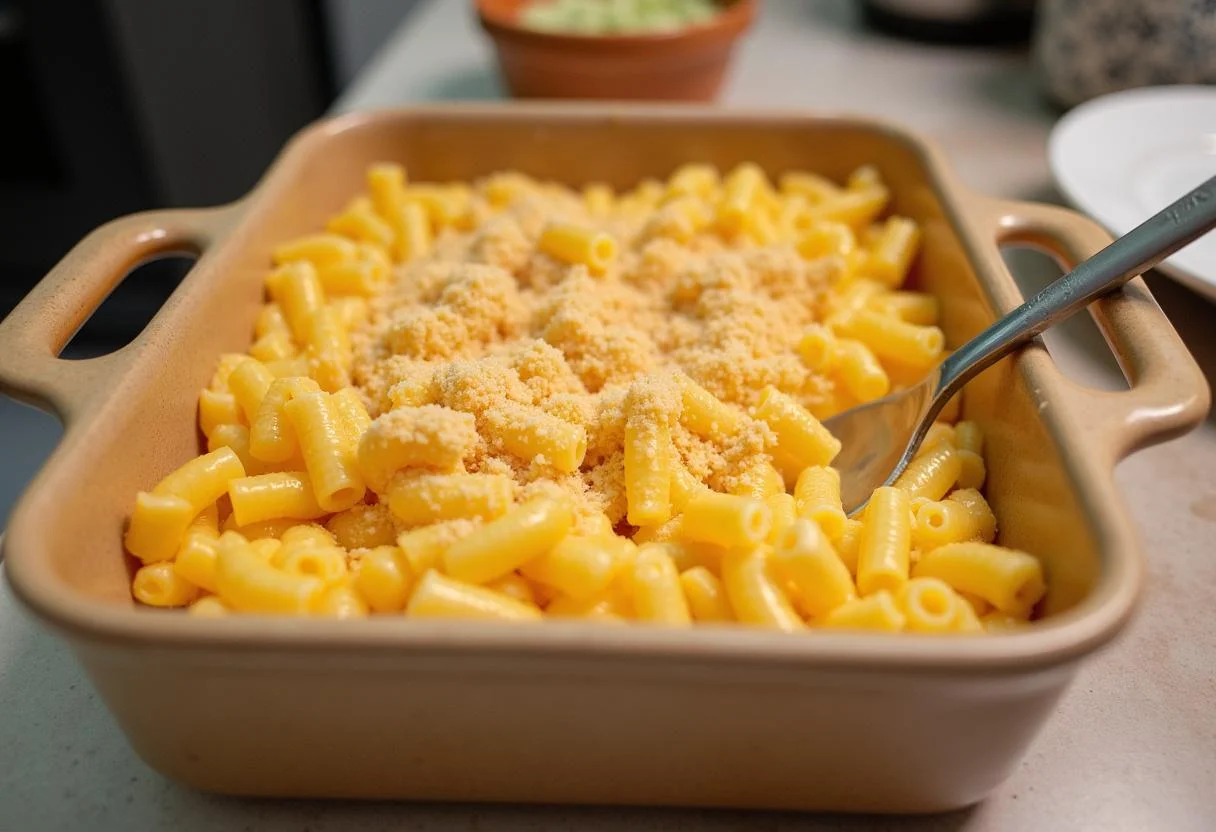 Filling a casserole dish with macaroni and cheese mixture, preparing to bake Mike Teavee's Television Dinner Casserole inspired by Charlie and the Chocolate Factory.