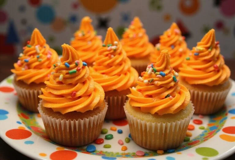 A stunning presentation of Charlie and the Chocolate Factory Oompa Loompa Orange Cupcakes, perfect for festive occasions, showcasing their colorful and playful design.