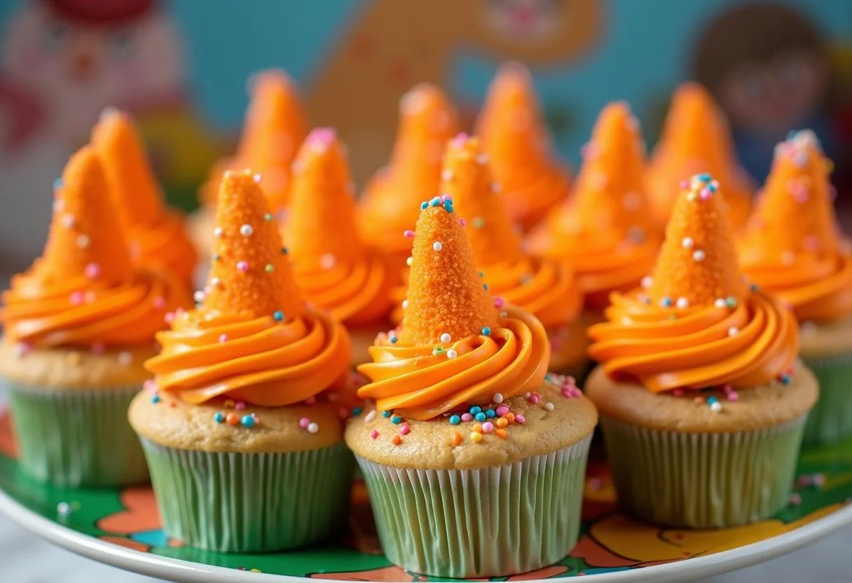 A stunning presentation of Charlie and the Chocolate Factory Oompa Loompa Orange Cupcakes, perfect for festive occasions, showcasing their colorful and playful design.