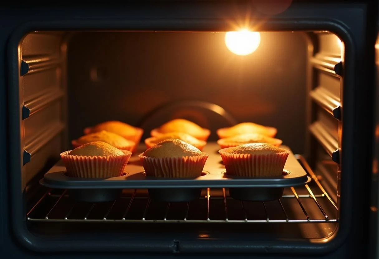Freshly baked Oompa Loompa Orange Cupcakes in the oven, illustrating the delightful baking process from Charlie and the Chocolate Factory.