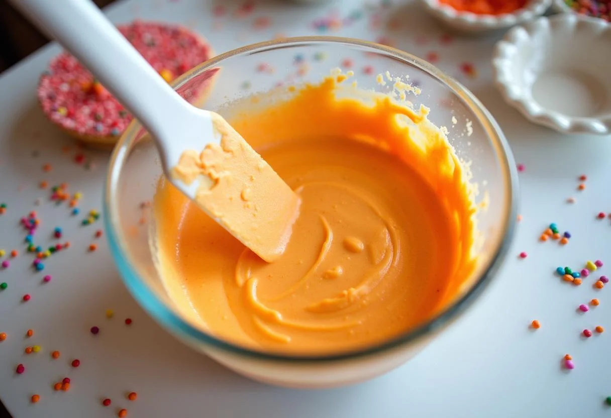 Colorful orange frosting prepared for the Charlie and the Chocolate Factory Oompa Loompa Orange Cupcakes, ready to be spread for a festive decoration.