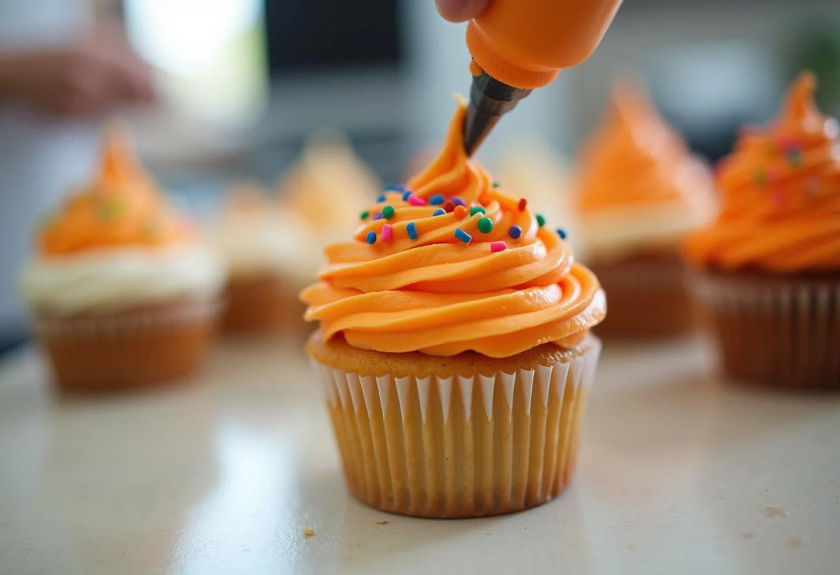 Frosting the delicious Oompa Loompa Orange Cupcakes, capturing the joyful decorating moment inspired by Charlie and the Chocolate Factory.