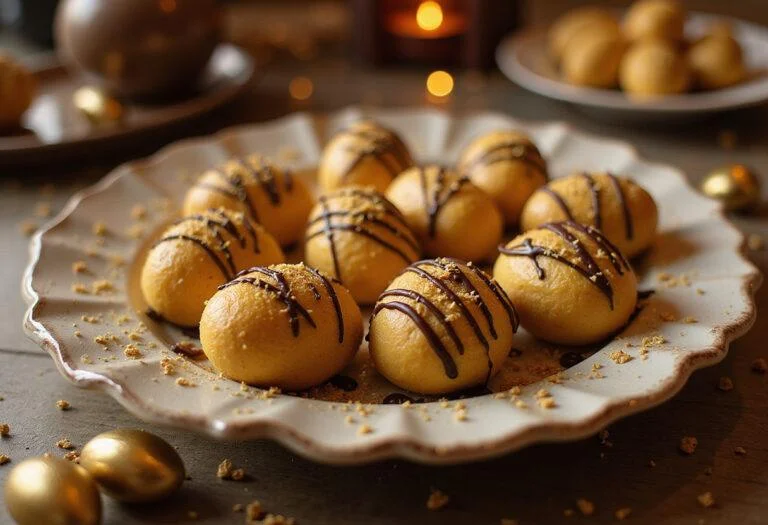Delicious golden egg truffles from Charlie and the Chocolate Factory Veruca Salt's Golden Egg Truffles recipe, elegantly displayed on a plate.