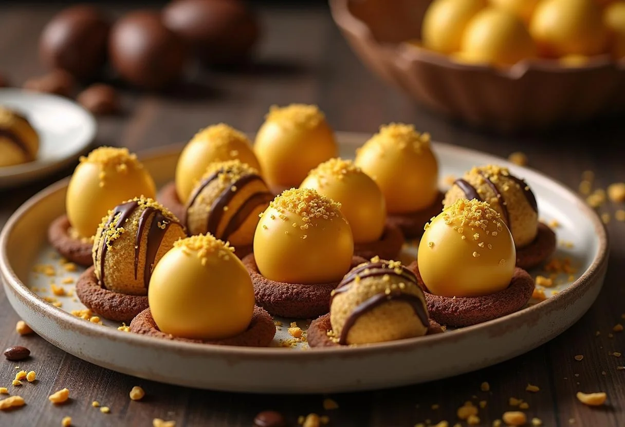 Delicious golden egg truffles from Charlie and the Chocolate Factory Veruca Salt's Golden Egg Truffles recipe, elegantly displayed on a plate.