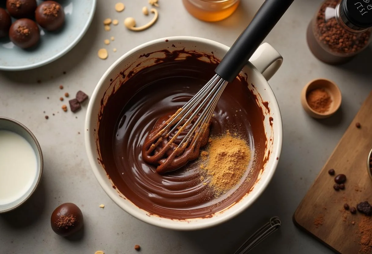Making Charlie and the Chocolate Factory Veruca Salt's Golden Egg Truffles with chocolate truffle mixture and ingredients on a countertop.