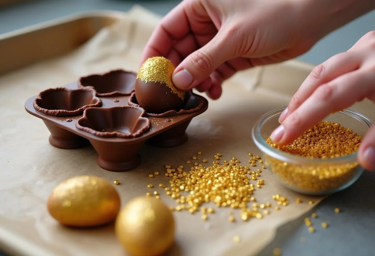 Creating egg-shaped molds for Charlie and the Chocolate Factory Veruca Salt's Golden Egg Truffles with appealing golden sprinkles.