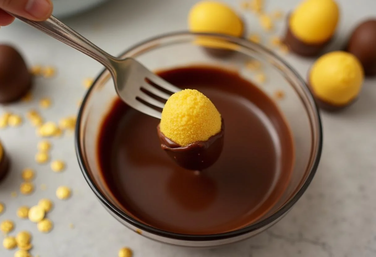 Dipping truffles in chocolate for Charlie and the Chocolate Factory Veruca Salt's Golden Egg Truffles, showcasing the melting chocolate and preparation.