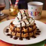 Delicious presentation of Charlie and the Chocolate Factory Willy Wonka's Whimsical Waffles topped with whipped cream, chocolate sauce, and colorful sprinkles.