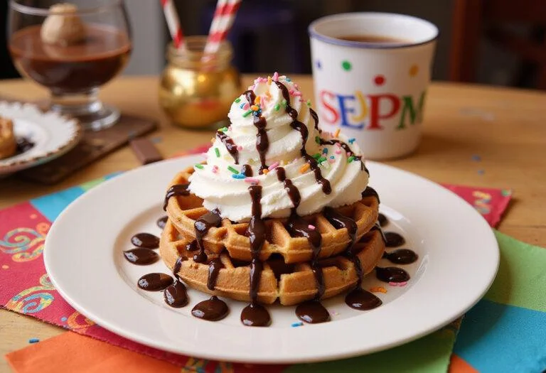 Delicious presentation of Charlie and the Chocolate Factory Willy Wonka's Whimsical Waffles topped with whipped cream, chocolate sauce, and colorful sprinkles.