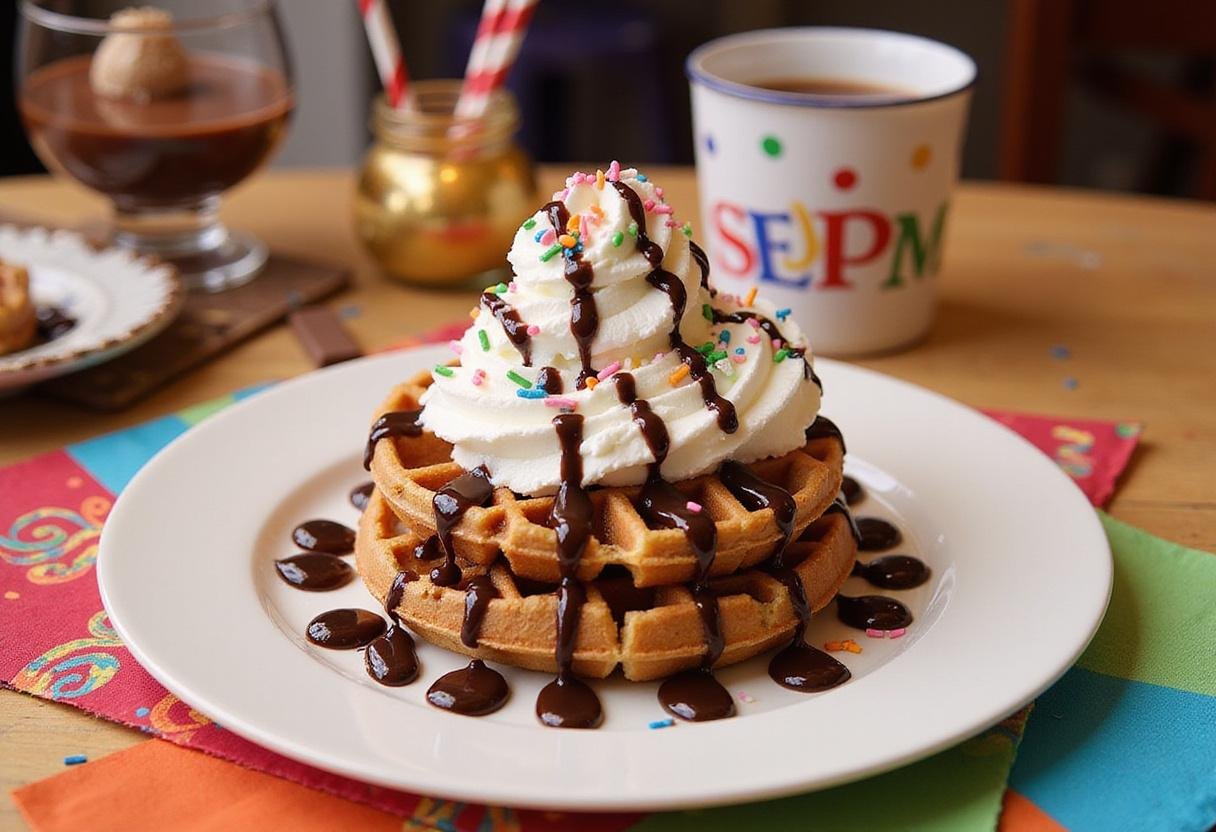 Delicious presentation of Charlie and the Chocolate Factory Willy Wonka's Whimsical Waffles topped with whipped cream, chocolate sauce, and colorful sprinkles.