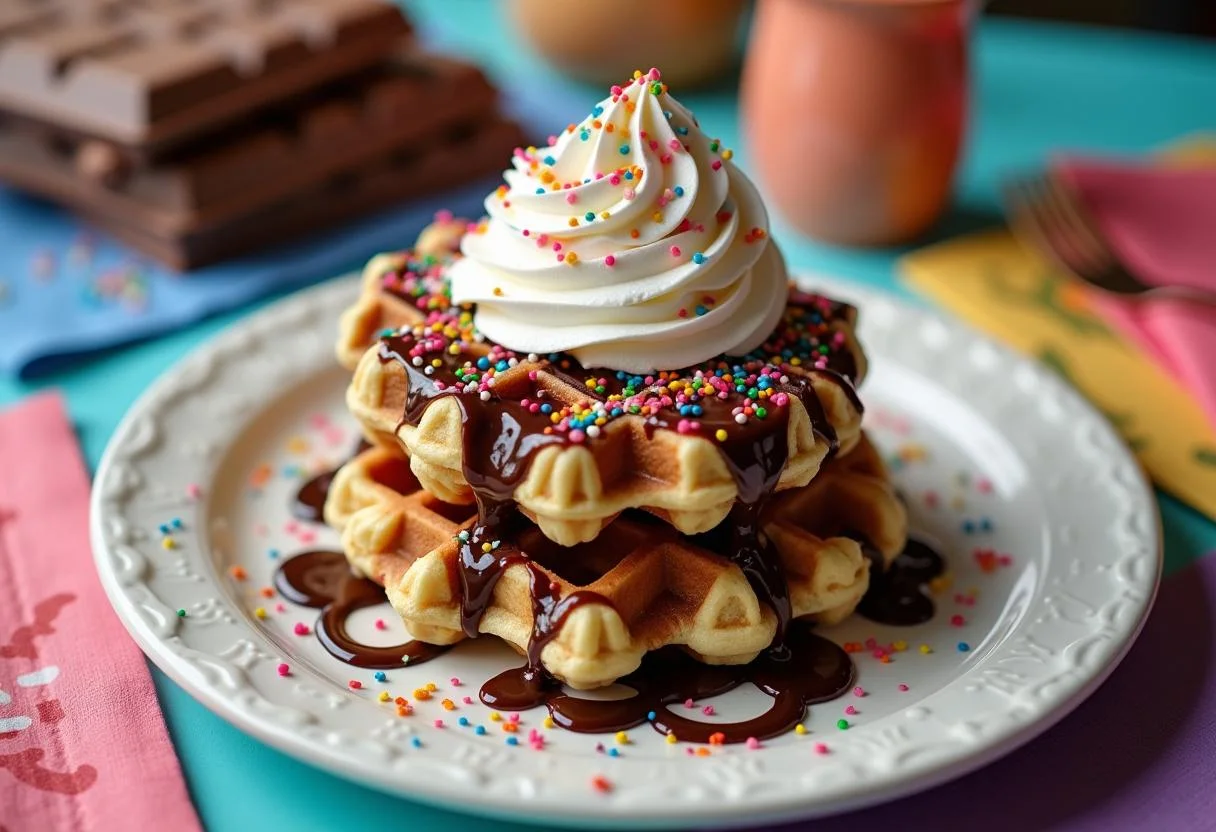 Delicious presentation of Charlie and the Chocolate Factory Willy Wonka's Whimsical Waffles topped with whipped cream, chocolate sauce, and colorful sprinkles.