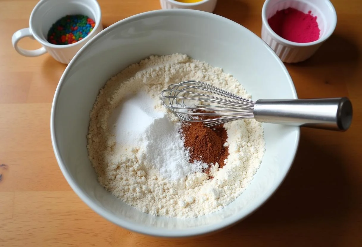 Mixing ingredients for Charlie and the Chocolate Factory Willy Wonka's Whimsical Waffles with flour, sugar, and colorful cocoa powder.