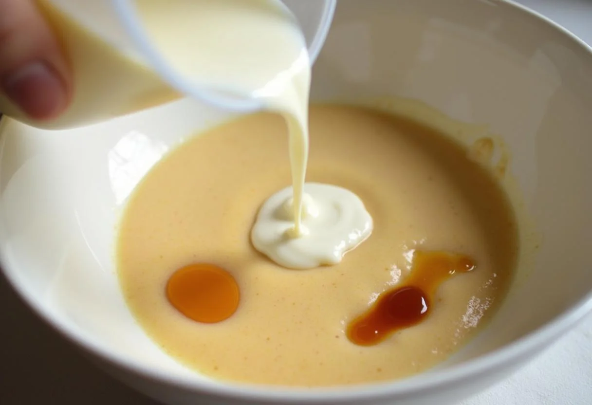 Pouring milk and melted butter into the waffle batter for Charlie and the Chocolate Factory Willy Wonka's Whimsical Waffles.