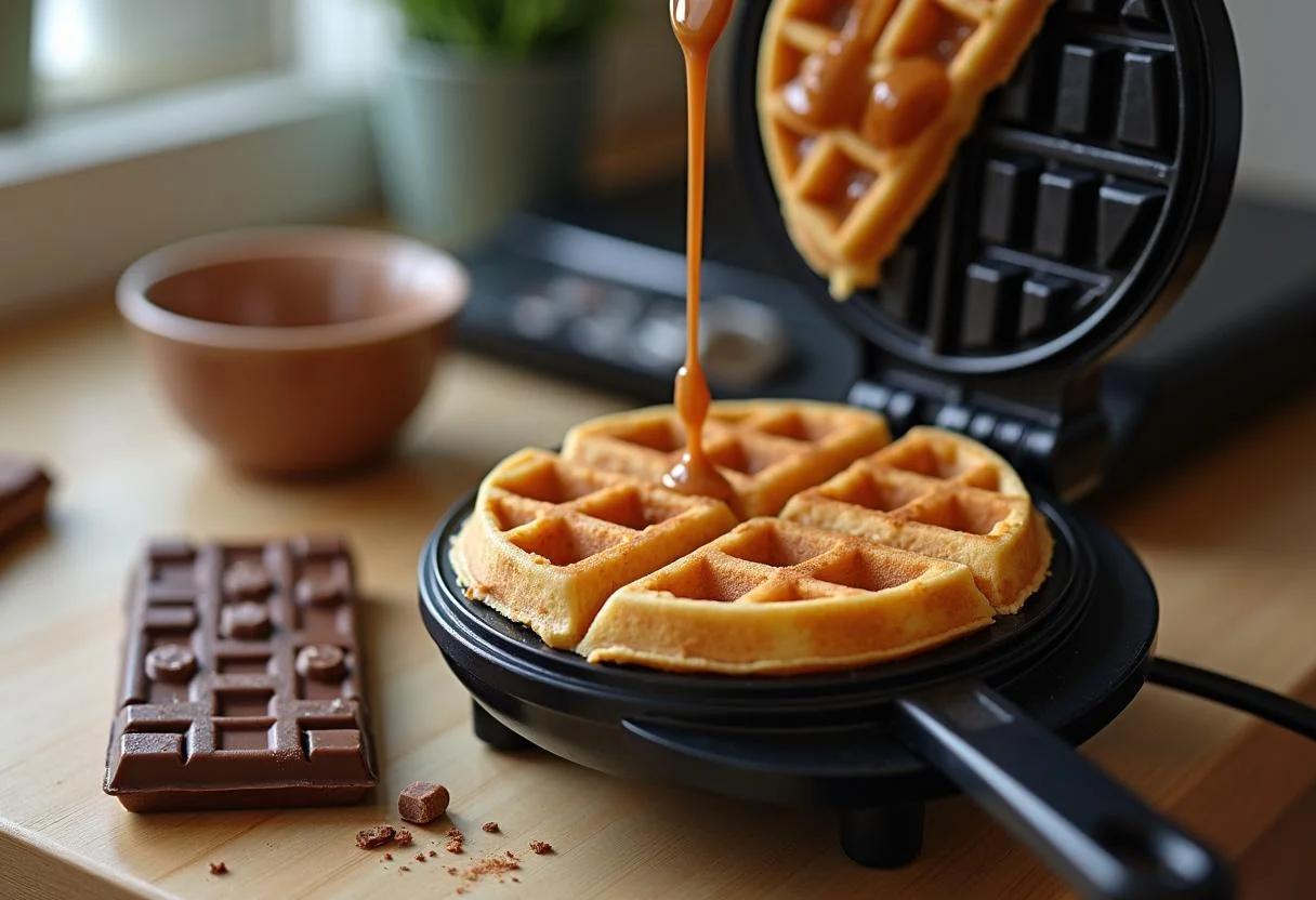 A preheated waffle maker with colorful batter for Charlie and the Chocolate Factory Willy Wonka's Whimsical Waffles, alongside a whimsical chocolate bar.
