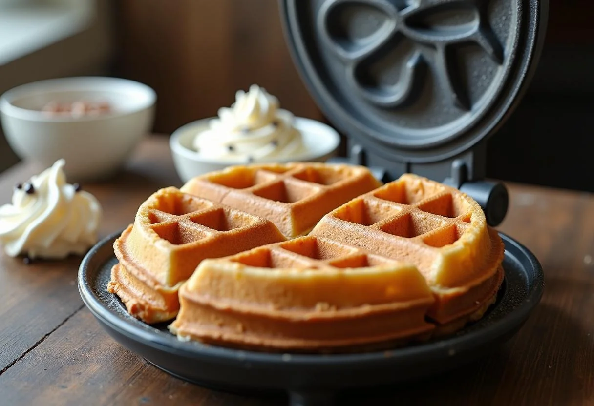 Golden waffles cooking in a waffle maker for Charlie and the Chocolate Factory Willy Wonka's Whimsical Waffles, with whipped cream and chocolate syrup.