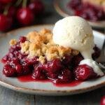 Delicious serving of Cherry Tom Holland's Redemption Berry Crumble on a rustic plate with melting vanilla ice cream, highlighting the dessert's appeal.