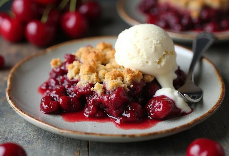Delicious serving of Cherry Tom Holland's Redemption Berry Crumble on a rustic plate with melting vanilla ice cream, highlighting the dessert's appeal.