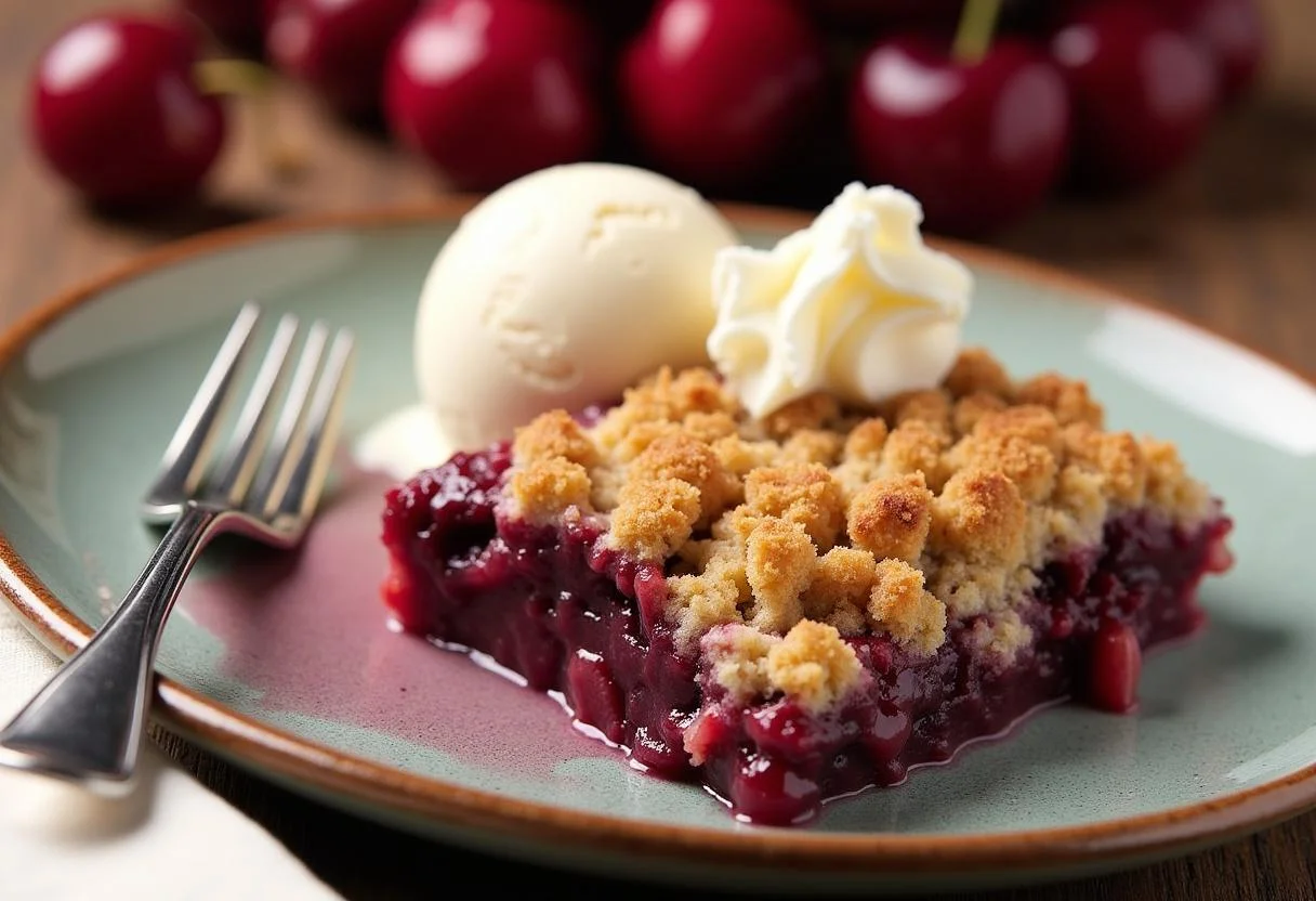 Delicious serving of Cherry Tom Holland's Redemption Berry Crumble on a rustic plate with melting vanilla ice cream, highlighting the dessert's appeal.