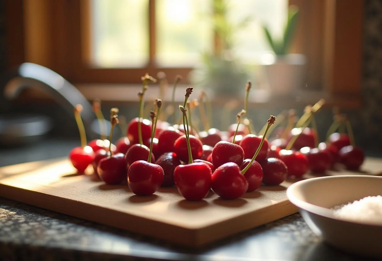 Fresh cherries being prepared for Cherry Tom Holland's Redemption Berry Crumble, showcasing vibrant cherries and sugar in a cozy kitchen.