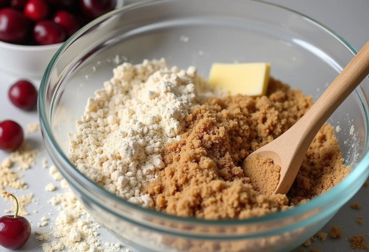 Mixing the crumbly topping for Cherry Tom Holland's Redemption Berry Crumble in a glass bowl, highlighting the delicious ingredients of flour, oats, and butter.