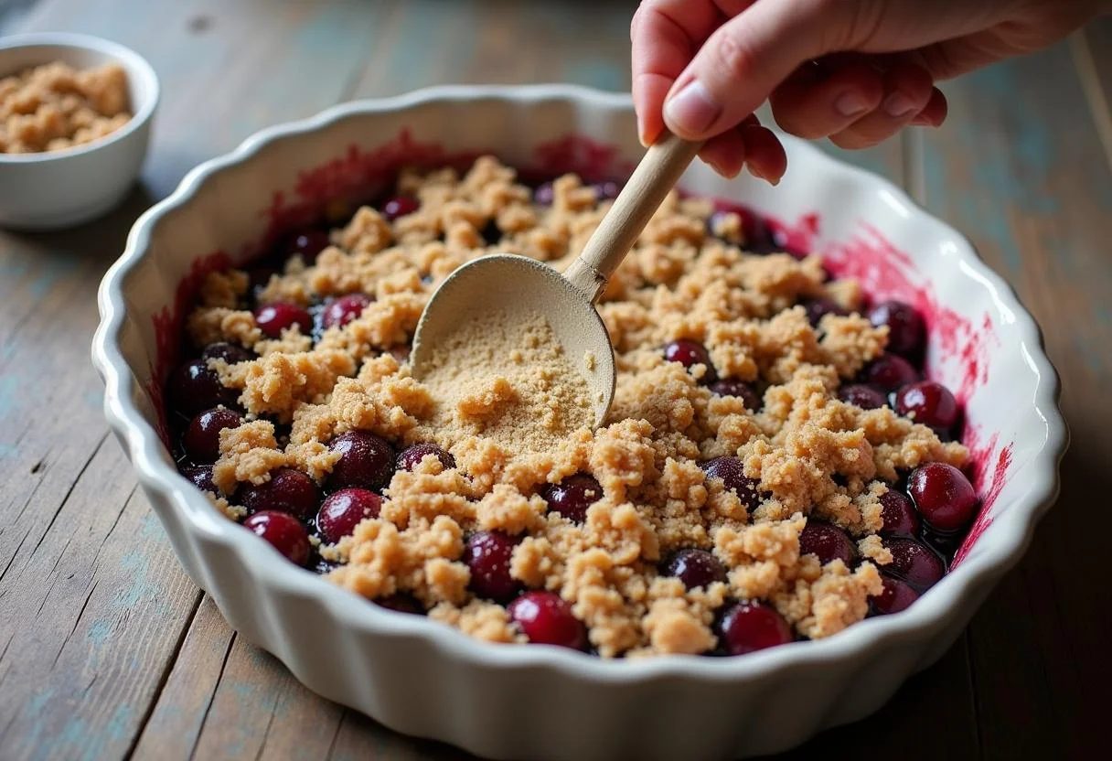 Assembling the Cherry Tom Holland's Redemption Berry Crumble, with pitted cherries in a baking dish topped with a delicious crumble mixture.
