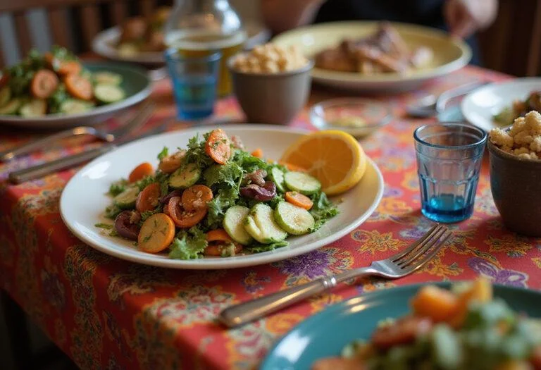 Stunning display of Chromatica Lady Gaga's Rain on Me Rainbow Salad on a dining table, showcasing the colorful and artistic presentation of the dish.