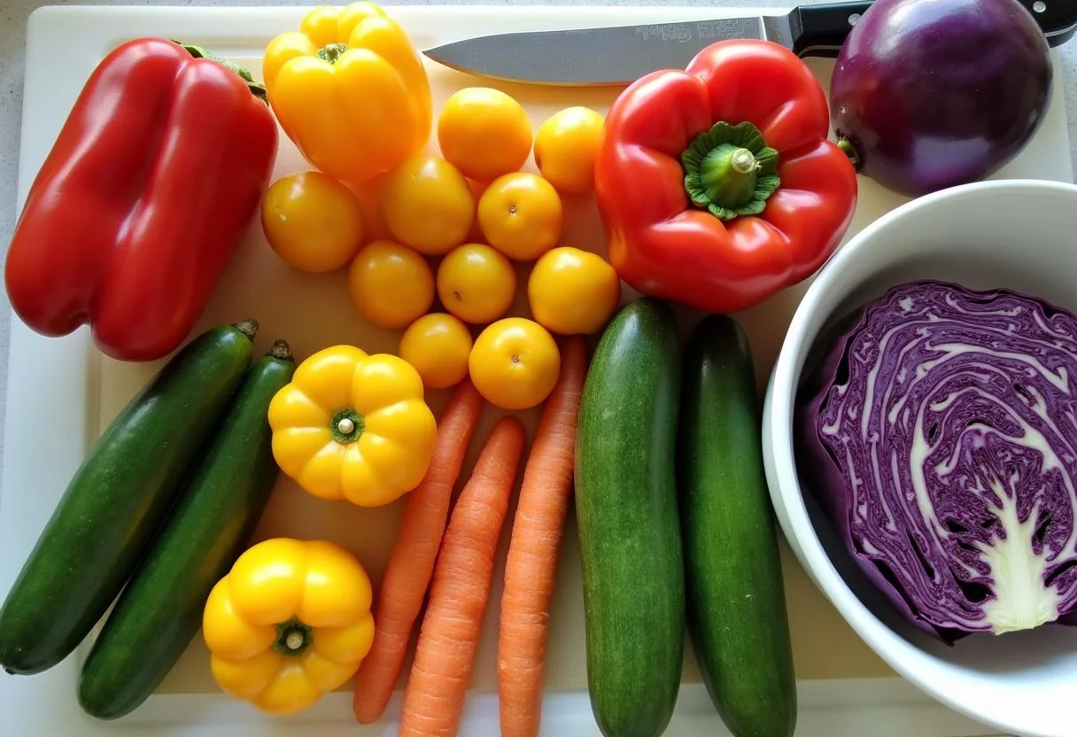 Vibrant vegetables for Chromatica Lady Gaga's Rain on Me Rainbow Salad preparation, featuring an array of colors showcasing healthy ingredients.