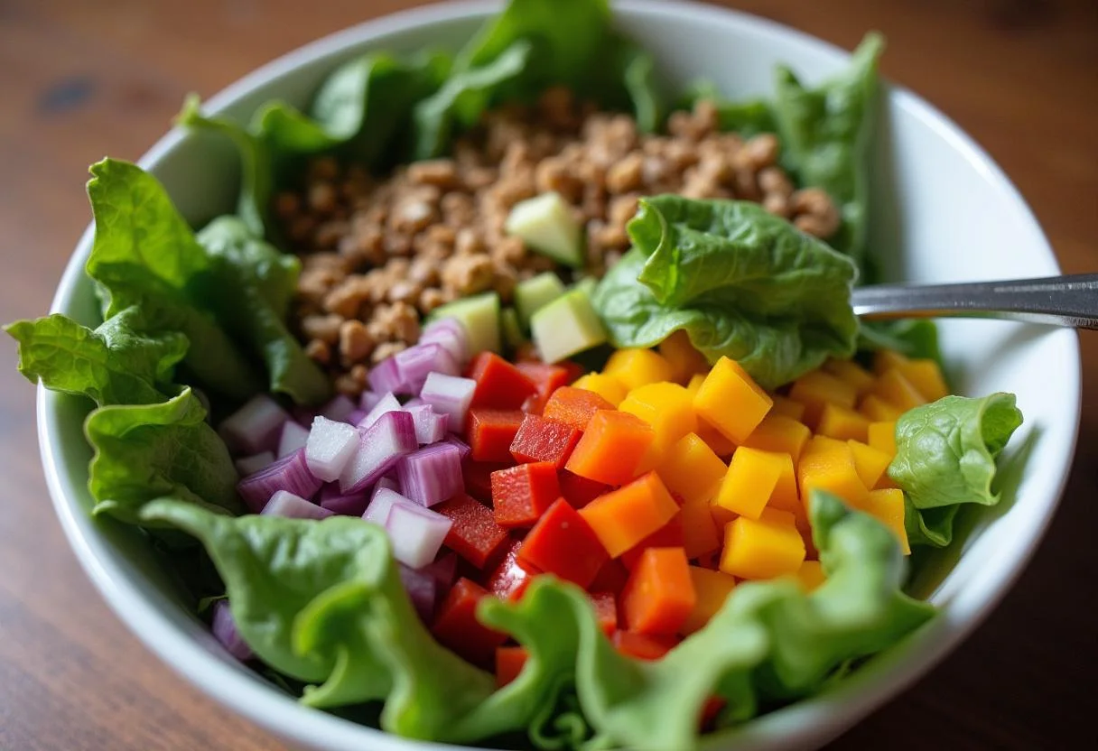 Colorful layers of vegetables in a bowl for Chromatica Lady Gaga's Rain on Me Rainbow Salad, emphasizing the fresh ingredients and rainbow aesthetic.