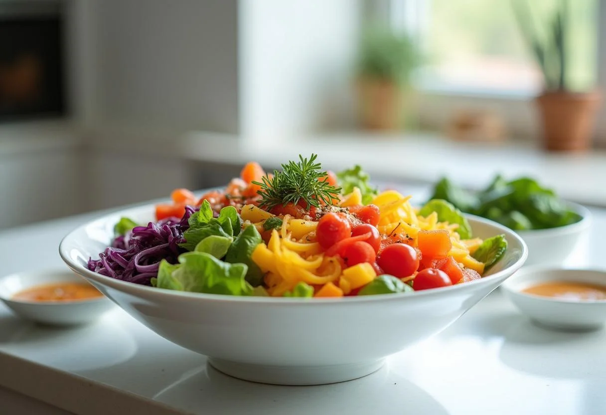Beautifully presented Chromatica Lady Gaga's Rain on Me Rainbow Salad in a serving bowl, highlighting the freshness and appealing colors.